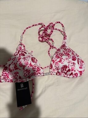 Blackbough Pink & White Floral Bandeau Triangle Bikini Top with Pearl Accents